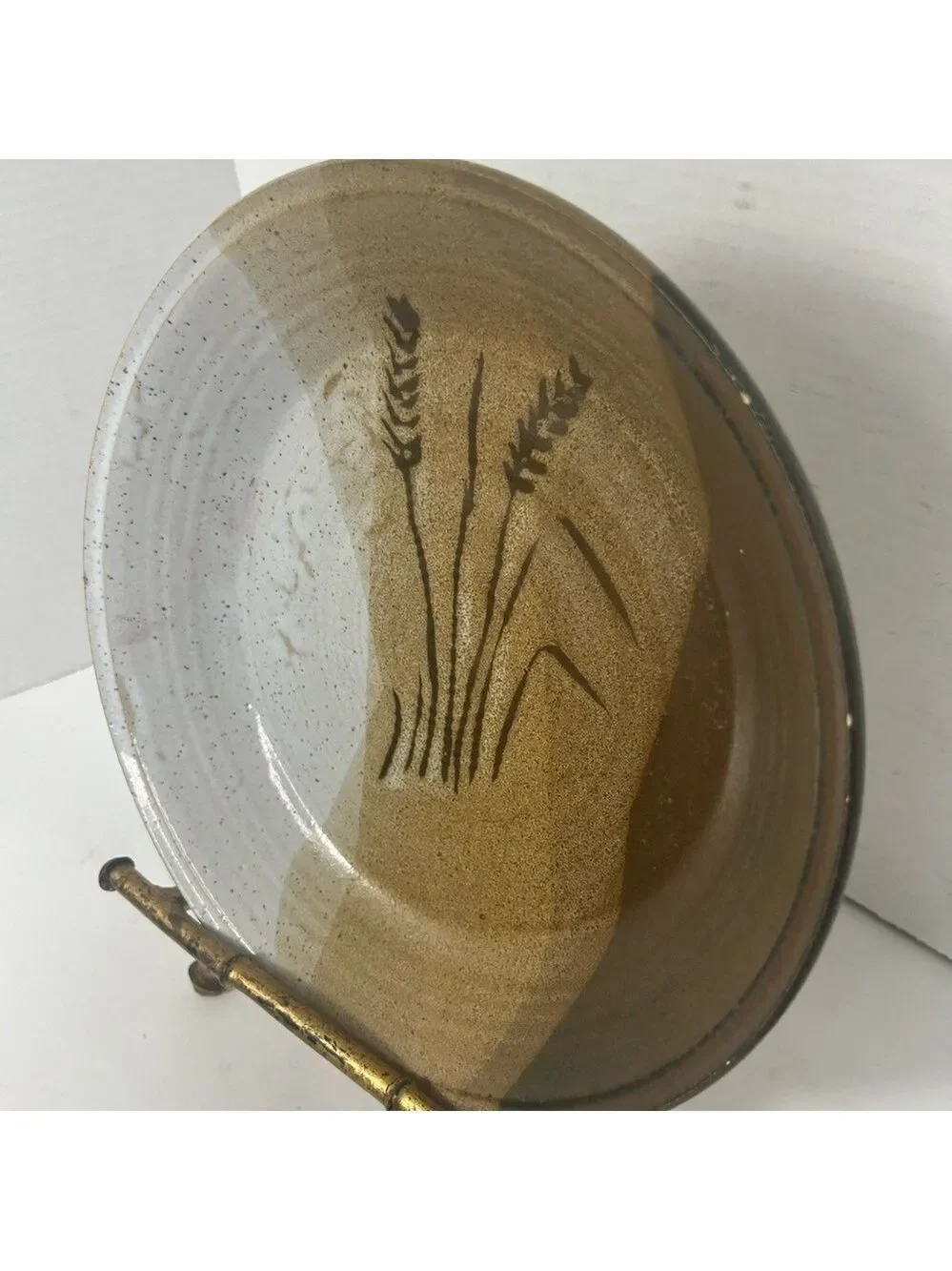 Vintage Art Studio Pottery Pie Plate Nature Floral Brown Artist Signed 1985